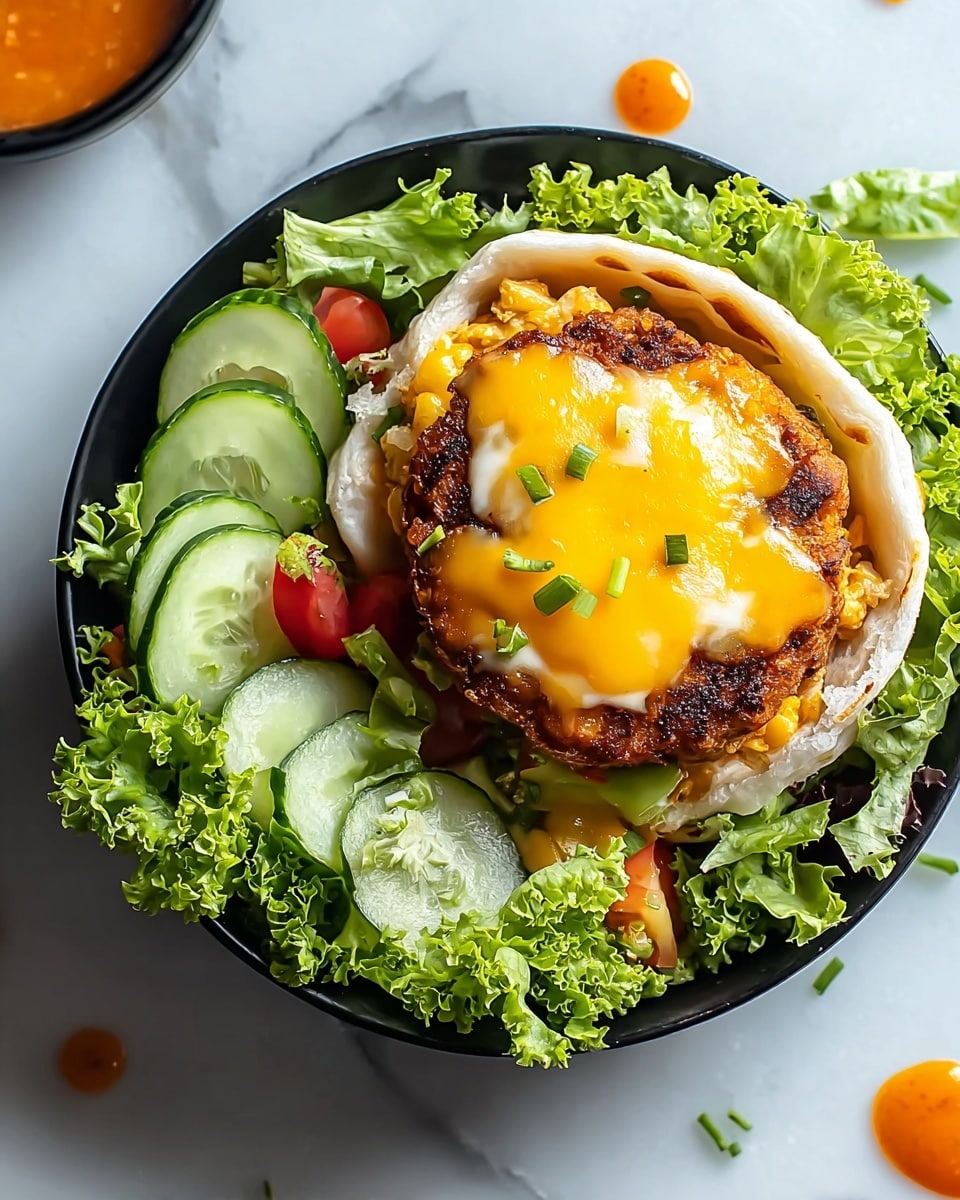 In the image, a layered dish is presented in a white bowl with a dark interior, set on a white marbled surface. The bottom layer is fresh green curly lettuce with rough edges, mixed with small slices of green cucumbers and red cherry tomatoes. On top of this leafy bed is a thick, browned beef patty with a coarse textured surface. Sitting over the patty are two melted cheese slices: an orange cheddar cheese slice with a smooth, shiny surface, and a white cheese slice slightly melted and creamy. Surrounding the patty and cheese is a soft, white flatbread wrapped partially around the central ingredients. Photo taken with an iphone --ar 4:5 --v 7