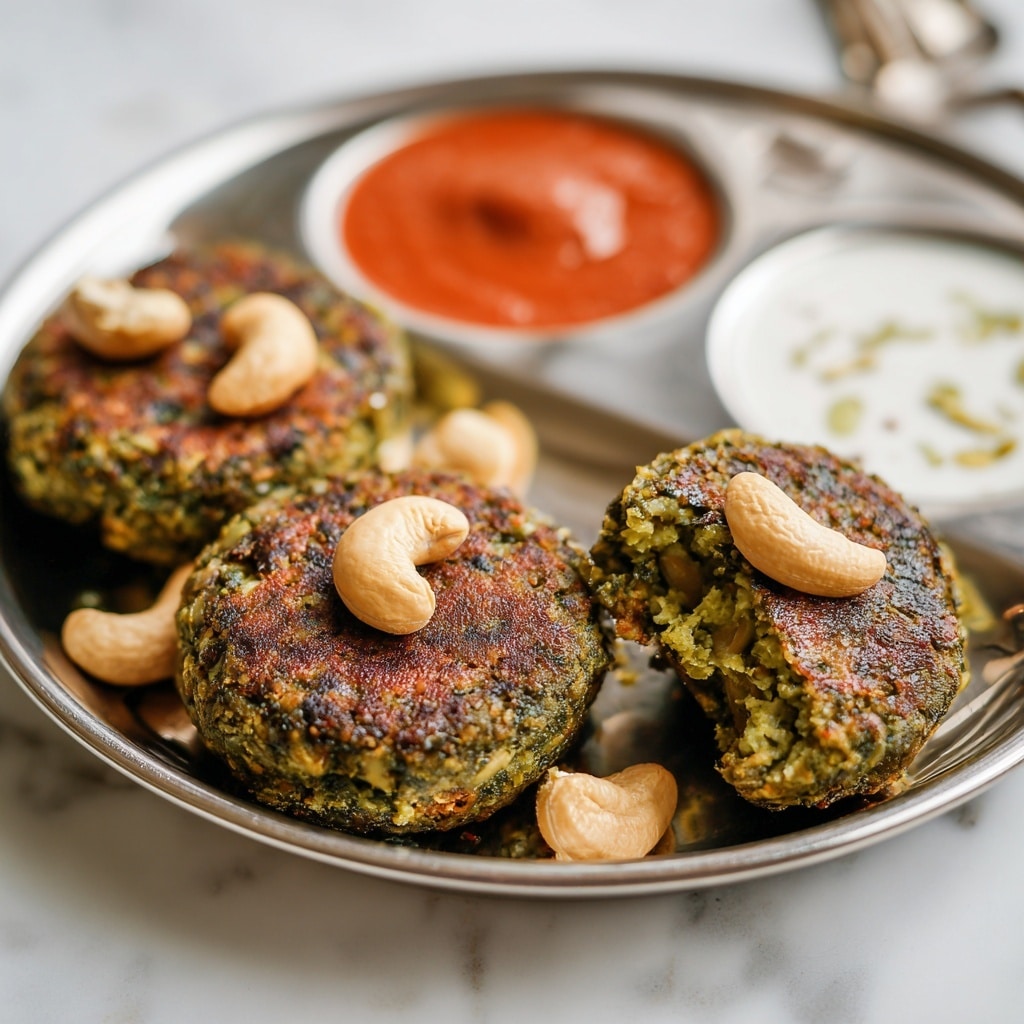 Four round, greenish-brown hara bhara kababs with small green herb pieces visible, each topped with a whole cashew nut, sit in a stainless steel divided plate placed on a white marbled surface. The kababs have a textured, slightly crispy outside. One compartment contains a smooth, bright red sauce, and another has a thick, white creamy sauce. In the top right corner, there is a close-up of a woman's hand holding a broken kabab piece, showing a moist, greenish interior filled with herbs and spices, with a cashew nut on top. Photo taken with an iphone --ar 4:5 --v 7