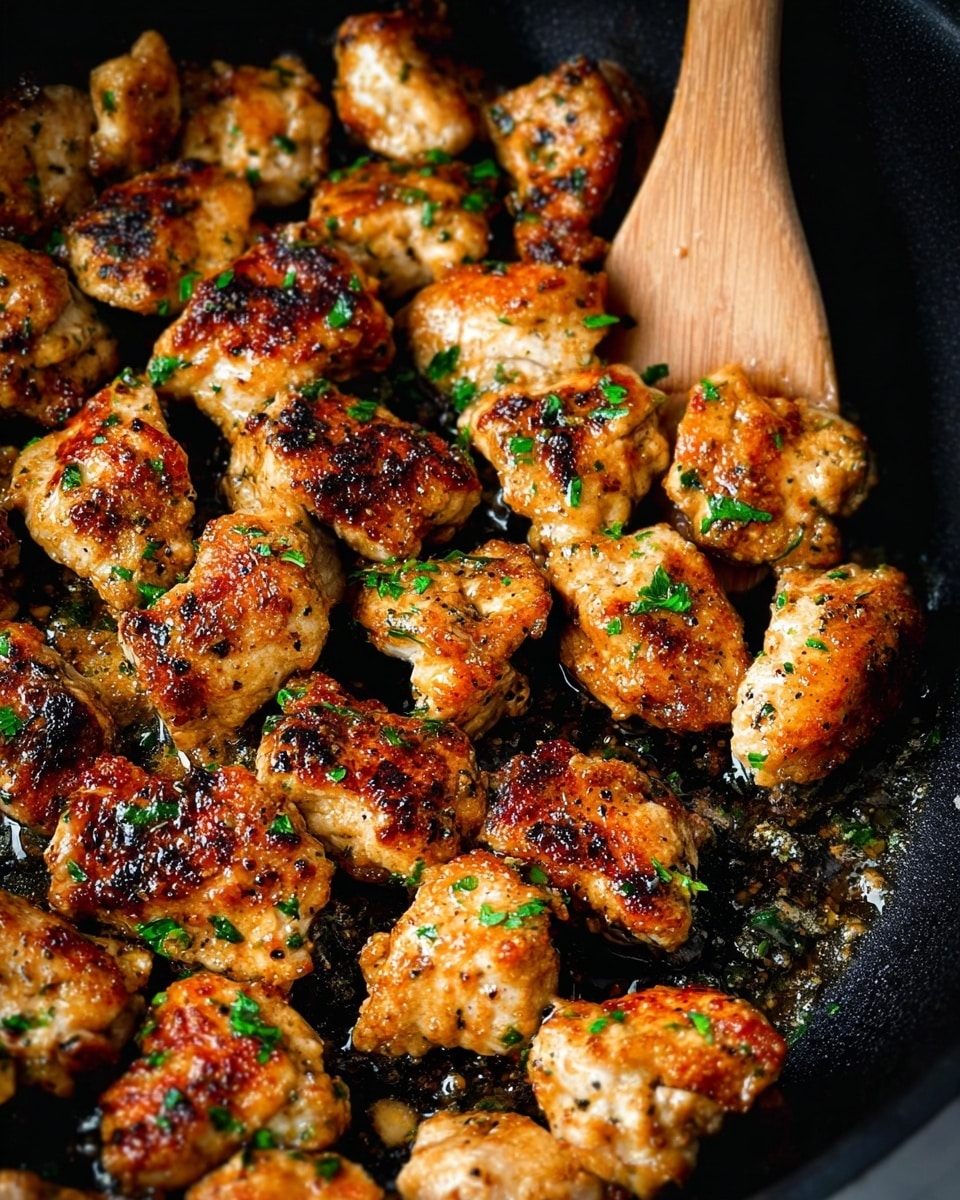 The image shows many pieces of browned chicken cooked in a pan. The chicken chunks are golden with crispy edges and seasoned with herbs and spices. Small green bits of chopped parsley are sprinkled evenly over the chicken pieces, adding bright color contrast. The surface holding the food is inside a black pan with a textured interior. The close-up shot focuses on the juicy texture and crispiness of the chicken. The background is softly blurred, emphasizing the warm, rich brown and pale golden colors of the dish. Photo taken with an iphone --ar 4:5 --v 7