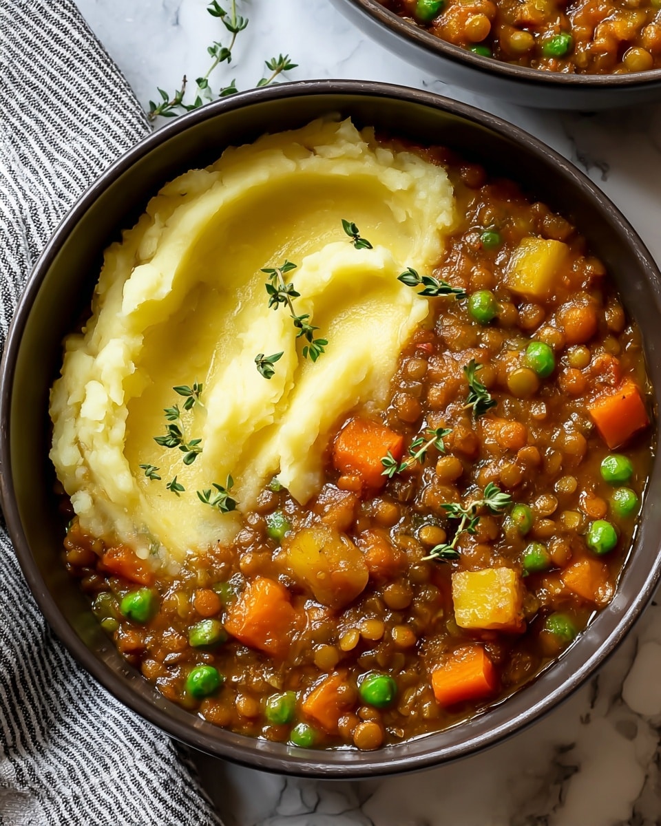 A close-up view of a dark bowl filled with two main layers: the left half shows a smooth, creamy, pale yellow mashed potato layer with soft, subtle swirls, and the right half features a thick lentil stew with a rich brown base dotted with bright orange carrot chunks, vibrant green peas, and pale yellow potato pieces, all topped with small sprinkles of chopped green herbs. The bowl sits on a white marbled surface with a bit of greenery blurred in the background. Photo taken with an iphone --ar 4:5 --v 7