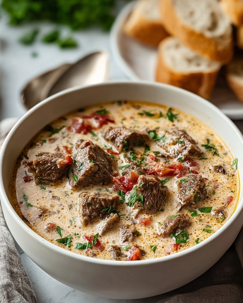 A white bowl filled with creamy stew, showing multiple chunks of browned beef pieces layered throughout a light beige creamy soup base. Small bits of red tomato and green chopped parsley are scattered evenly on top, adding color and texture contrast. In the background, slices of bread sit inside another white bowl against a white marbled surface with a silver spoon and green parsley blurred behind the main dish. The scene looks cozy and appetizing. photo taken with an iphone --ar 4:5 --v 7