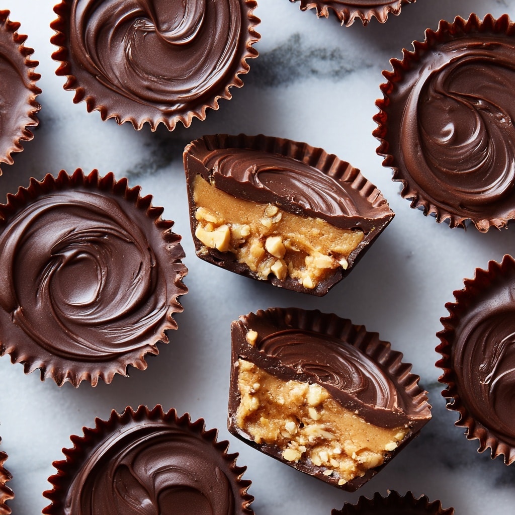 The image shows multiple small chocolate peanut butter cups arranged on a white marbled surface. Each cup has two visible layers: a thick, glossy dark chocolate top with smooth swirls and a textured, light brown peanut butter base mixed with bits of peanuts. The cups are in ridged brown paper liners that flare out at the edges. Two cups are cut open, showing the clear contrast between the dark chocolate layer on top and the chunky peanut butter layer beneath. Some liners are empty, slightly crumpled, scattered among the full cups. The overall look is neat and appetizing with rich, dark chocolate and rustic peanut butter textures visible. photo taken with an iphone --ar 4:5 --v 7