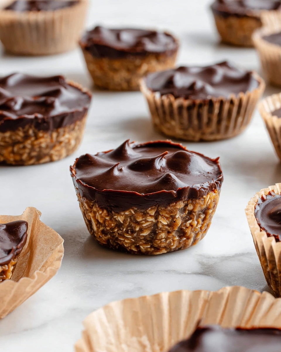 Small cupcake-like treats sit on a white marbled surface, each held in a light brown paper liner. They have two layers: the bottom layer is a chunky, light brown mixture with visible bits of nuts giving it a rough texture, while the top layer is a smooth, dark, glossy chocolate spread evenly with small peaks on the surface. Some liners are empty and crumpled around the treats, showing the contrast between the filled and empty ones. The arrangement shows multiple treats fading into the background. photo taken with an iphone --ar 4:5 --v 7