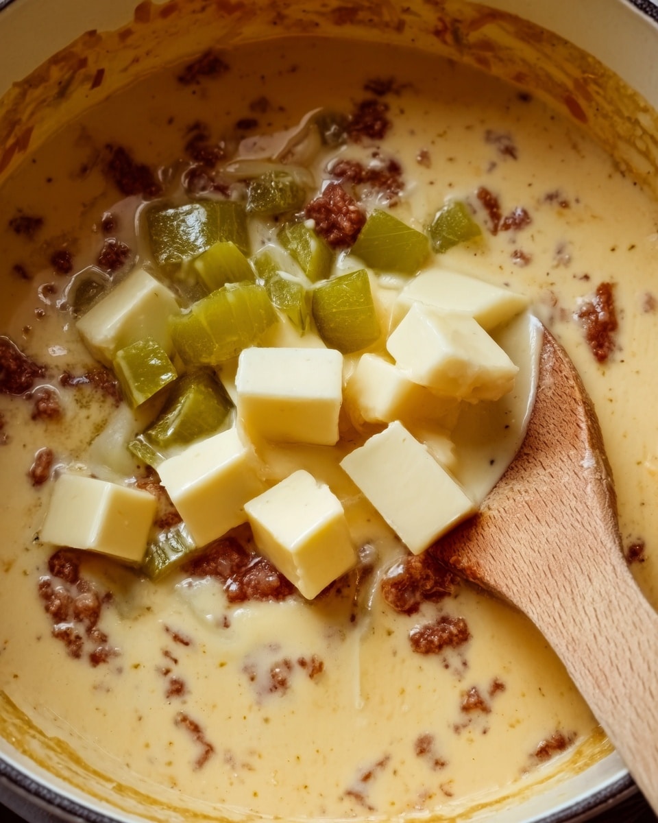 A close-up of a pot filled with a creamy, yellow cheese sauce with small brown bits scattered throughout, likely bacon or spices. On top, there are pale yellow cheese cubes and bright green chopped peppers partially submerged in the sauce. A wooden spoon is dipped into the mixture on the right side, showing thick and smooth texture. The inside of the pot has some splashes of sauce on the sides. The scene is set against a white marbled texture. photo taken with an iphone --ar 4:5 --v 7