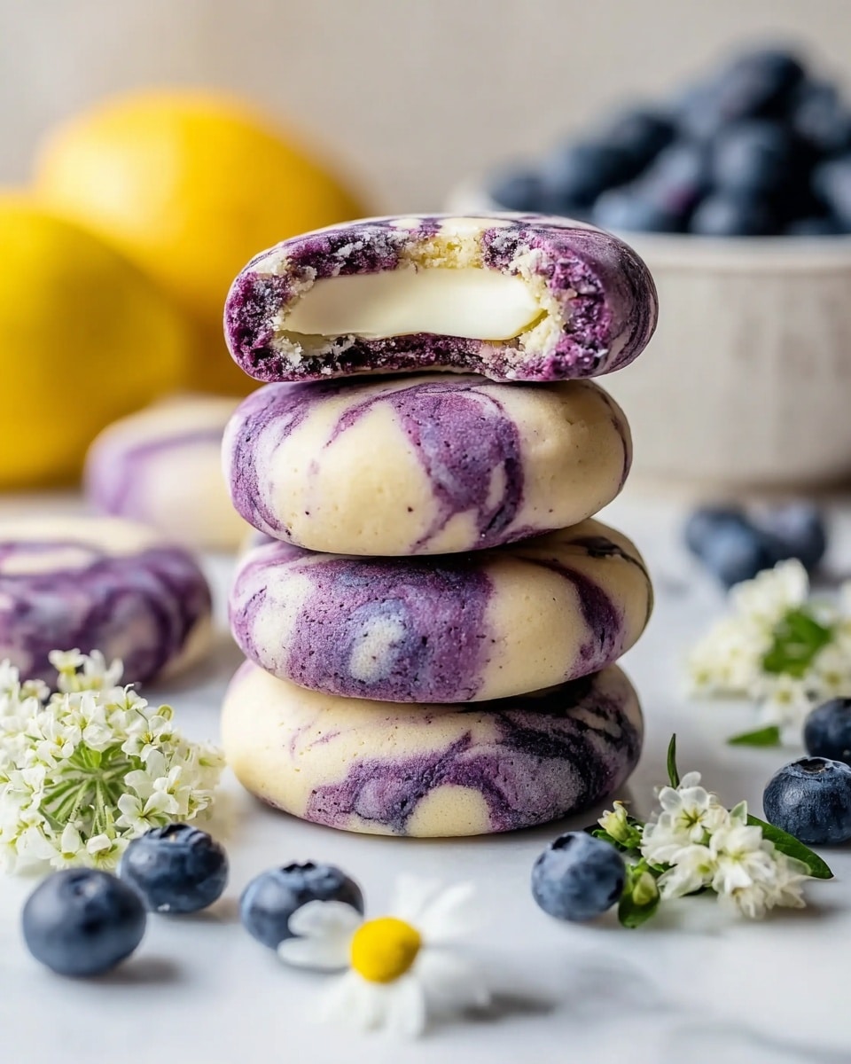 A stack of four round cookies sits on a white marbled surface, each cookie showing swirls of deep purple and creamy white. The top cookie is bitten to reveal a smooth, white filling inside. Around the stack are fresh blueberries and small white and yellow flowers scattered, adding color and a natural touch. In the background, out of focus, is a white bowl filled with blueberries and sliced yellow lemons, enhancing the fresh fruit theme. The lighting highlights the soft, slightly textured surface of the cookies and makes the colors vivid. Photo taken with an iphone --ar 4:5 --v 7