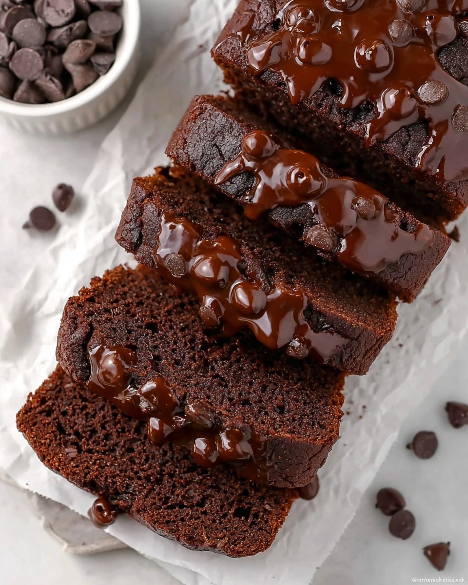 A loaf of chocolate cake is sliced into three thick pieces arranged on white parchment paper over a white marbled surface. The cake has a dark brown, moist texture inside with small air pockets, and the top and edges are covered in a glossy dark chocolate frosting with chocolate chips embedded. Scattered chocolate chips and crumbs surround the slices. A glass bottle of milk is partially visible in the background. A knife with a wooden handle rests near the bottom left corner with some crumbs on its blade. photo taken with an iphone --ar 4:5 --v 7