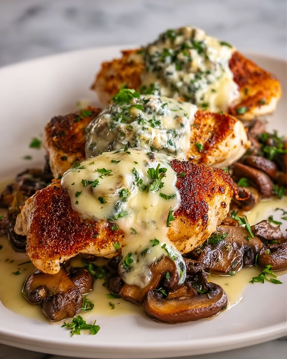 The image shows three pieces of cooked chicken breast with crispy, browned skin, placed on a white plate. Each chicken breast is topped with a creamy white sauce mixed with chopped green herbs and small mushroom pieces, which flow slightly down the sides. Below the chicken, there is a layer of cooked sliced brown mushrooms with a glossy texture from cooking juices. The dish is garnished with finely chopped fresh green herbs scattered over the top and plate. The background is a white marbled surface. photo taken with an iphone --ar 4:5 --v 7