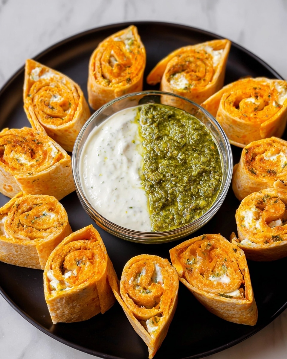 A close-up shows a woman's hand holding a small, rolled pastry with an orange, slightly glossy, and soft texture that hints at a creamy filling inside. The pastry is dipped halfway into a glass bowl of creamy white sauce topped with a thick, coarse, green pesto. Around the bowl, several similar pastries are arranged in a circle on a white plate. The background is a white marbled surface. photo taken with an iphone --ar 4:5 --v 7