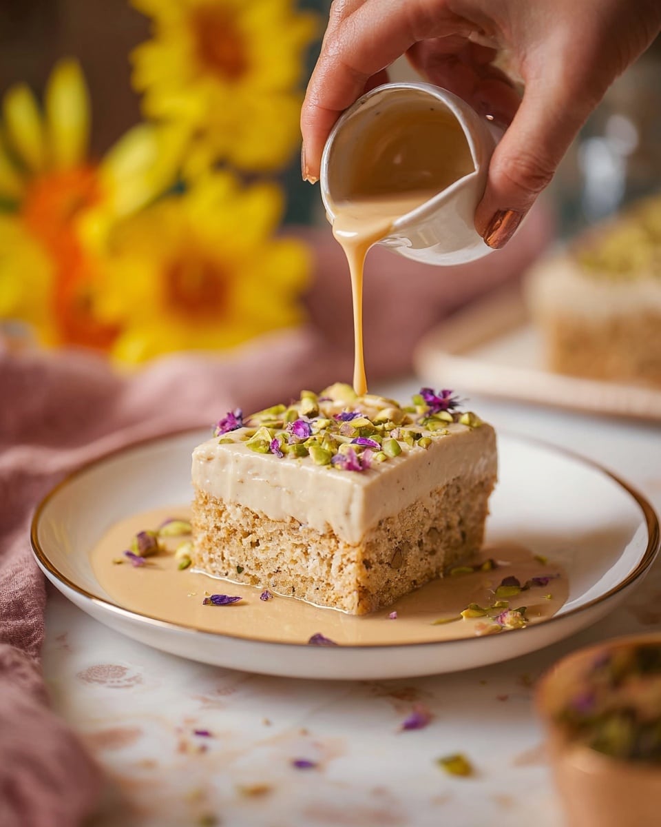 A rectangular cake with two visible layers sits in a baking tray on a white marbled surface. The bottom layer is light brown and appears soft and moist, while the top layer is a thick spread of creamy, off-white frosting with a smooth, swirled texture. Scattered on the frosting are small green pistachio slivers and tiny purple flower petals, adding color and detail. Around the main dish, there are a bowl with more creamy frosting topped with pistachio pieces, a bowl full of slivered pistachios, two small lit oil lamps, a handmade white plate with a golden fork, and yellow flowers spilling into the frame from the bottom left. The scene has a warm, inviting feel with soft natural light. Photo taken with an iphone --ar 4:5 --v 7
