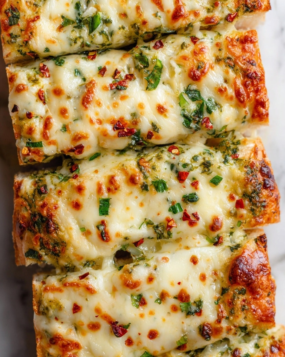 The image shows five pieces of garlic bread arranged on a white oval plate, placed on a white marbled texture. Each piece has two main layers: the bottom layer is a toasted bread slice with a slightly crispy and golden-brown crust, and the top layer is melted, bubbly cheese mixed with green herbs and small bits of red chili flakes, giving a textured and colorful look with golden, green, and red spots. The cheese layer is unevenly browned with some areas more toasted than others, and the bread's porous texture is visible where cut. photo taken with an iphone --ar 4:5 --v 7