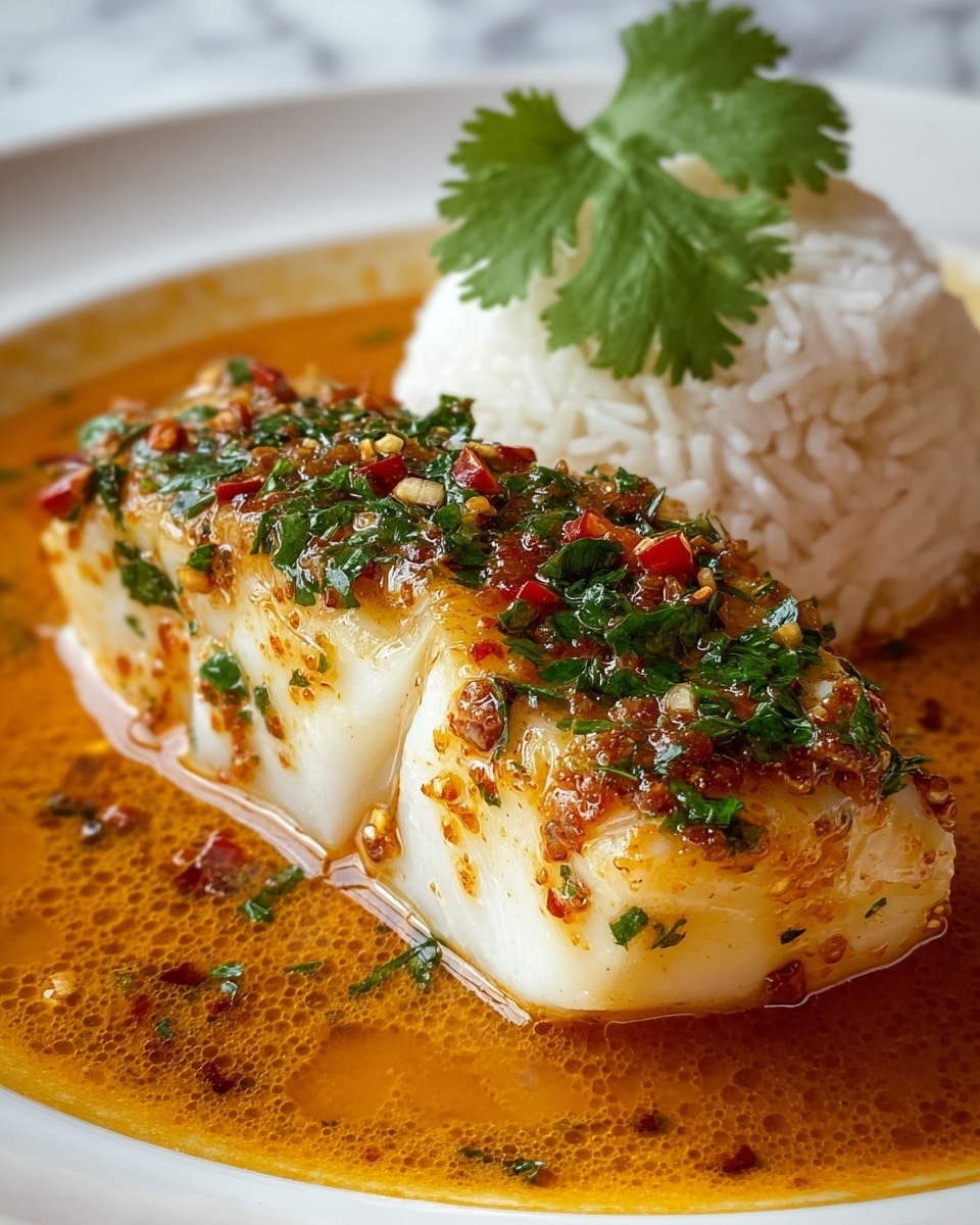 A piece of golden-brown crispy fish fillet sits on top of a small mound of white rice in the center of a white plate. Under the fish and rice, there is a layer of cooked dark green leafy vegetables. Surrounding the base is a thick, creamy orange sauce with visible bits of red chili peppers and small seeds. On top of the fish are bright red sliced chili pieces and a small bunch of fresh green herbs, creating a colorful contrast against the golden fish. The plate rests on a white marbled surface. photo taken with an iphone --ar 4:5 --v 7