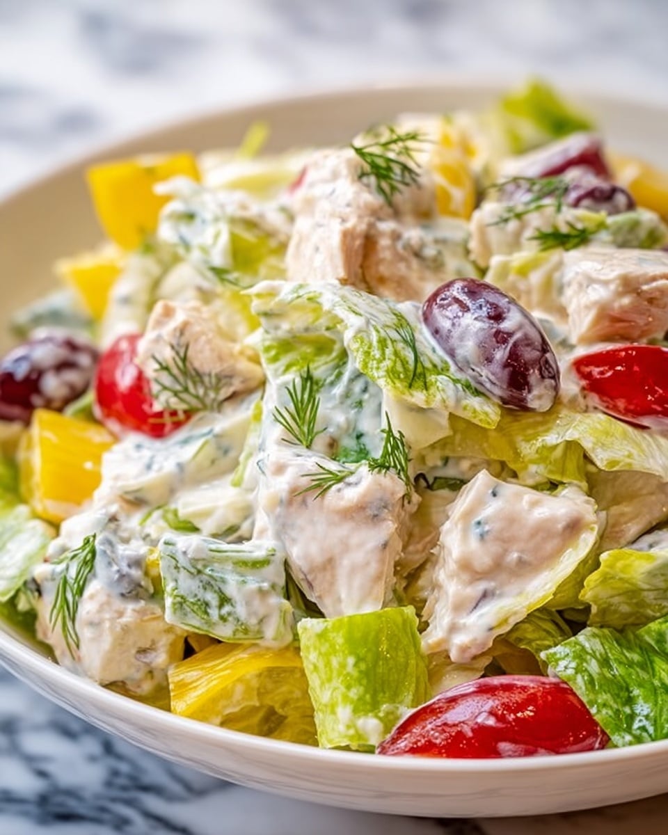 The image shows a close-up of a colorful salad served in a white bowl. The salad has several layers, starting with chopped green and yellow lettuce leaves that have a fresh and slightly glossy texture. Mixed in are bright red cherry tomato halves, small dark purple olives, and chunks of light beige chicken. The salad is generously coated with creamy, white dressing and garnished with small sprigs of green dill scattered on top. The bowl is placed on a white marbled surface. photo taken with an iphone --ar 4:5 --v 7
