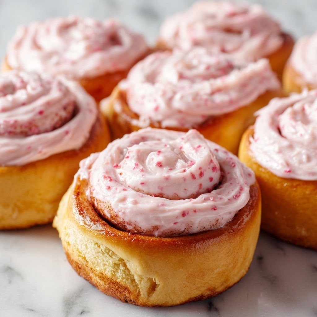 The image shows a close-up of soft, golden-brown cinnamon rolls with three main layers: the base layer is the fluffy bread dough, light golden with a soft texture; the middle layer is filled with red bits of fruit embedded in the dough swirl, adding a slightly rough texture and bright color; the top layer has a thick, creamy pink frosting with visible small red specks, generously spread over each roll. The rolls are tightly packed together in a baking pan, resting on a white marbled surface. One roll has a bite taken out of it, showing the airy inside of the dough. photo taken with an iphone --ar 4:5 --v 7