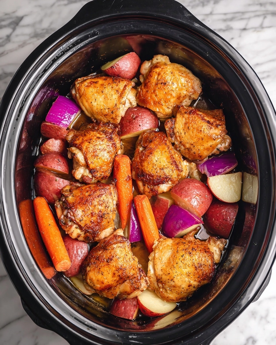 The image shows a black slow cooker filled with seven golden-brown, crispy chicken thighs placed on top. Underneath the chicken, there is a layer of light orange baby carrots, a layer of red potato slices, and a layer of purple-red onion slices, all mixed together. The vegetables have a soft texture and some cooking liquid is visible at the bottom. The slow cooker sits on a white marbled surface. photo taken with an iphone --ar 4:5 --v 7