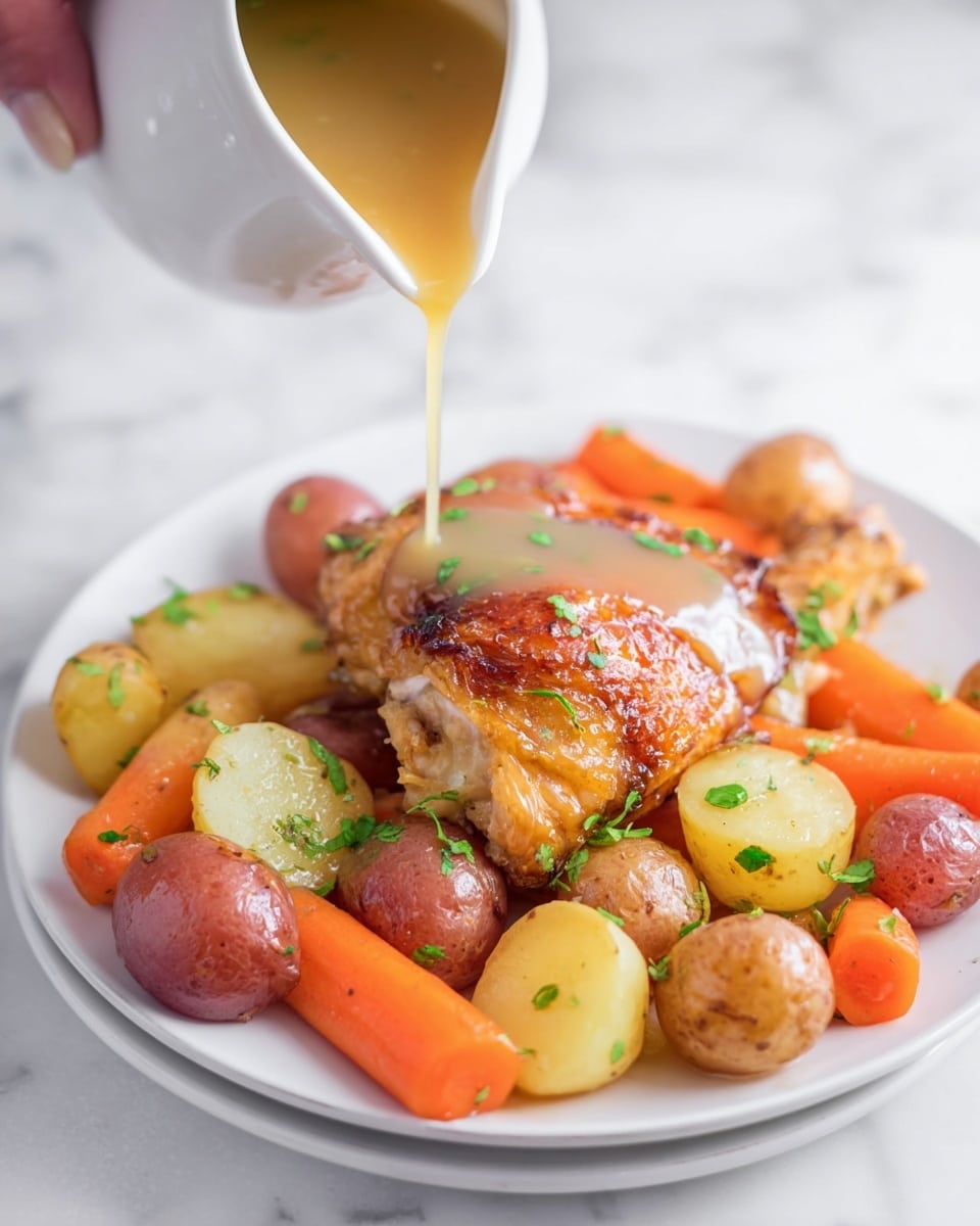 In the image, there is a white plate filled with several layers of food on a white marbled surface. The bottom layer consists of small whole red potatoes, cut yellow potatoes, and peeled baby carrots, all mixed together. On top of these vegetables, there is a piece of roasted chicken with a golden-brown crispy skin. Light brown gravy is being poured over the chicken from a white gravy boat at the top left, creating a glossy, smooth texture as it flows. Small green herb leaves are sprinkled lightly over the chicken and vegetables, adding color contrast. The scene includes a woman's hand holding the gravy boat. Photo taken with an iphone --ar 4:5 --v 7