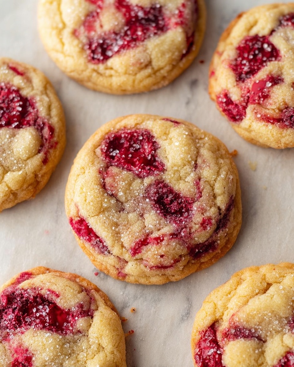 A stack of three thick, soft cookies with rough textured surfaces, each filled with bright red raspberry pieces and white chunks of white chocolate. The cookies are pale golden with some slightly darker edges, showing a chewy and slightly crumbly texture. The stack is placed on a light wooden surface with a woman's hand holding the top cookie, partially biting into it to show the gooey inside and melted chocolate. The background is a white marbled texture. Photo taken with an iphone --ar 4:5 --v 7