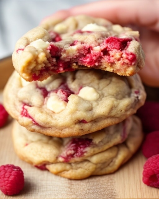 A close-up view of five round cookies with a soft, slightly crinkled golden brown surface, each featuring bright red raspberry swirls and chunks embedded within the dough. The cookies have a subtle sugar crystal topping that adds a light sparkle to their tops. The texture looks soft and chewy with some areas showing the smooth, melted raspberry filling contrasted against the grainy cookie dough. They are laid out on a light beige parchment paper over a white marbled surface, spaced apart to show the irregular, natural shape of each cookie. photo taken with an iphone --ar 4:5 --v 7