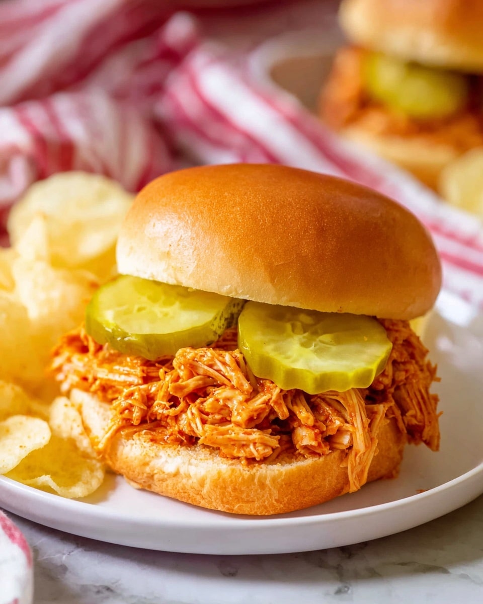A sandwich with three visible layers is shown on a white plate over a white marbled surface. The bottom layer is a soft, light brown bun with a smooth texture. On top of that is a thick layer of shredded orange-colored pulled chicken filling, rich and slightly moist. Above the chicken are two green pickle slices, shiny and slightly translucent with seeds visible inside. The top layer is a rounded, golden brown, soft bun with a smooth surface and slight creases. A second sandwich and some potato chips are blurry in the background, along with a striped cloth featuring red and white lines. Photo taken with an iphone --ar 4:5 --v 7