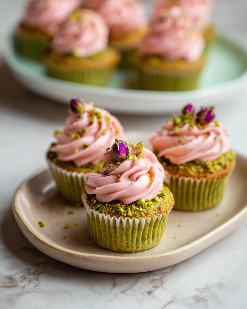 The image shows a single green cupcake with a soft and moist texture, partially unwrapped from its white paper liner. On top of the cupcake is a thick swirl of smooth pink frosting, decorated with small yellow sprinkles and finished with a delicate purple dried flower at the peak. The cupcake is placed on a round white plate with a slightly rough texture. The background is a softly blurred white marbled texture, giving a clean and elegant look. Photo taken with an iphone --ar 4:5 --v 7