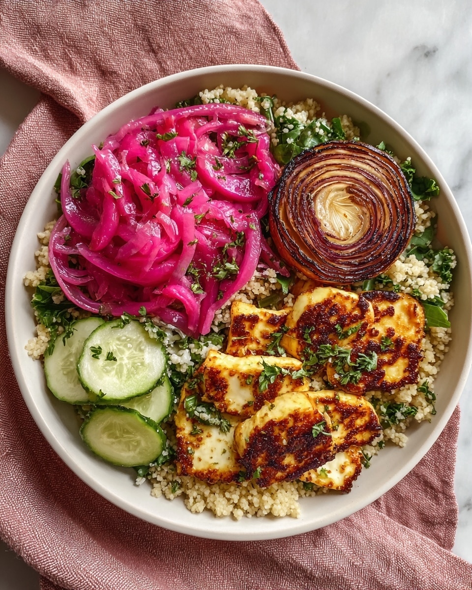 A white bowl filled with a layered dish starting with a base of small, fluffy, beige couscous mixed with green leafy herbs spread all over the bowl. On the left side of the bowl, thin slices of fresh green cucumber are arranged along with some extra green herbs. Next to the cucumbers, a pile of bright pink pickled onions sits on top of the couscous. To the right of the onions, a piece of charred, golden-brown grilled halloumi cheese is placed, showing a crispy texture. At the top right edge of the bowl, a round slice of grilled onion with dark, caramelized rings rests on the couscous and herbs. The overall look is colorful and fresh against a white marbled surface, with a pink cloth partly underneath the bowl. photo taken with an iphone --ar 4:5 --v 7