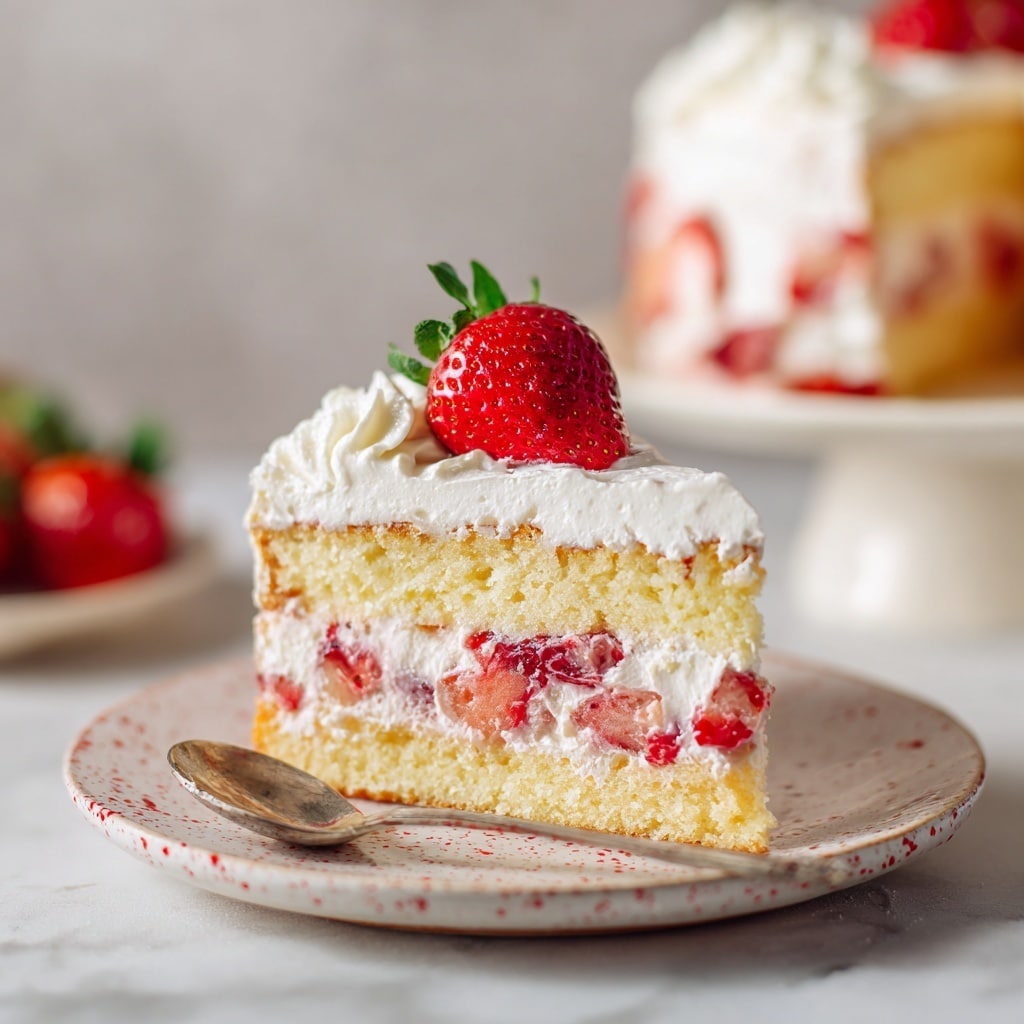 A slice of strawberry shortcake sits on a white plate with red speckles, placed on a white marbled surface. The cake has three layers: a light yellow sponge cake base, a thick middle layer of white whipped cream with chunks of red strawberry inside, and a top layer of white whipped cream smoothly spread. A whole, bright red strawberry sits on top center, adding a fresh touch. To the left of the cake slice, there is a small silver spoon resting on the plate. In the blurred background, part of the same cake can be seen on a white cake stand. photo taken with an iphone --ar 4:5 --v 7