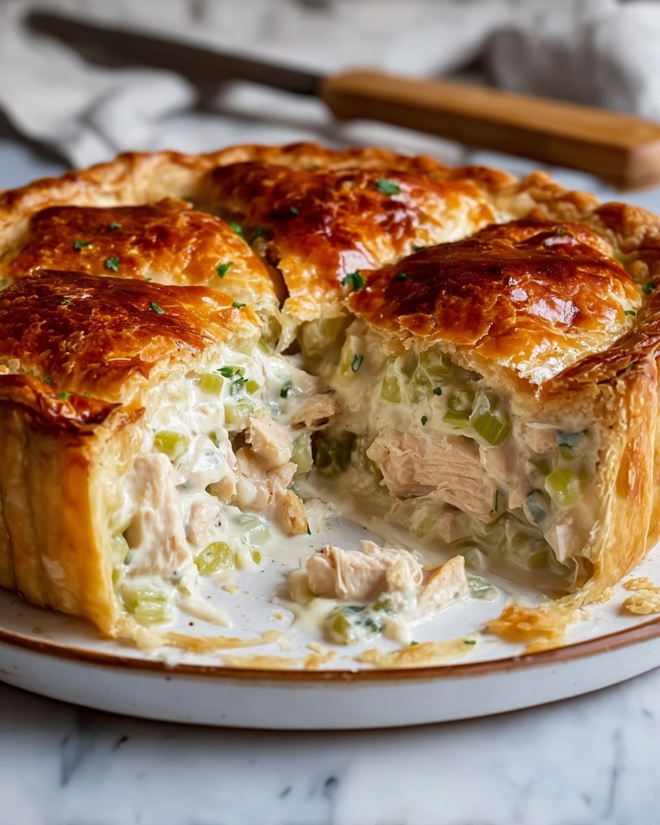A golden-brown pie with a shiny, flaky crust cut into slices on a white plate, showing a creamy, white filling mixed with chunks of light beige chicken and small green celery pieces, with some of the creamy filling and chicken spilling slightly onto the plate; the crust is thick and puffed around the edges, with a slightly crisp texture. The background shows a white marbled surface with a knife behind the pie. photo taken with an iphone --ar 4:5 --v 7