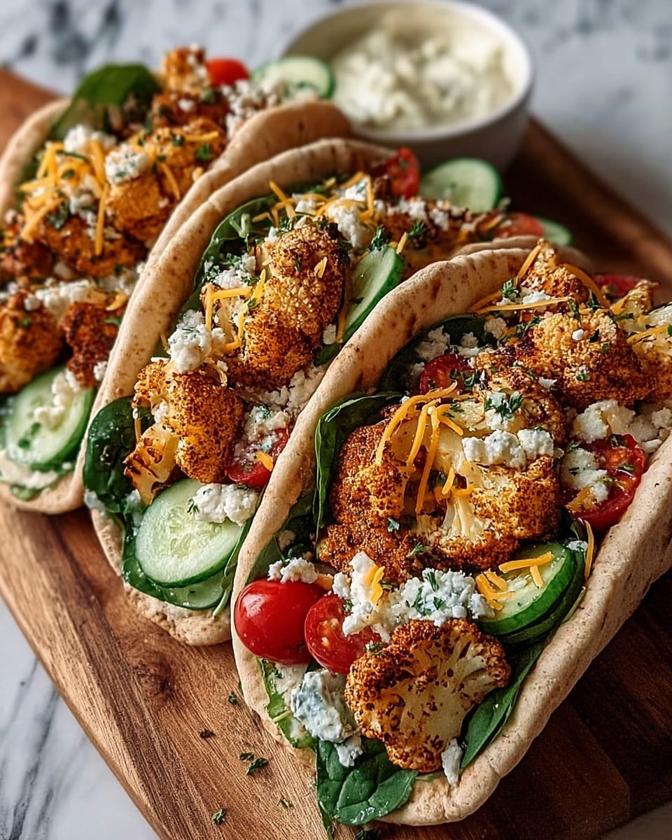 Three soft, light brown pita pockets are filled with layers of fresh green spinach leaves, thick slices of dark green cucumber, and halved bright red cherry tomatoes. On top, there are crispy roasted cauliflower pieces with a golden brown and slightly charred texture. They are sprinkled with crumbly white cheese and thin strands of orange shredded cheese, along with small bits of green herbs. The pitas are set on a wooden board against a white marbled surface, with a small white bowl of creamy dip in the background. Photo taken with an iphone --ar 4:5 --v 7