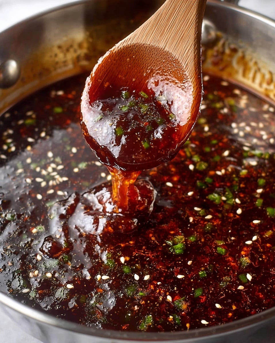 A close-up image of a shiny metal bowl filled with a dark reddish-brown sauce that has a glossy and sticky texture. The sauce shows small white sesame seeds and tiny green chopped herbs scattered throughout, creating a speckled pattern. A wooden spoon is scooping up a thick, gel-like portion of the sauce in the center, with some sauce dripping back into the bowl. The sauce surface is reflective, and the bowl edges are slightly blurred. The background is a white marbled texture. photo taken with an iphone --ar 4:5 --v 7