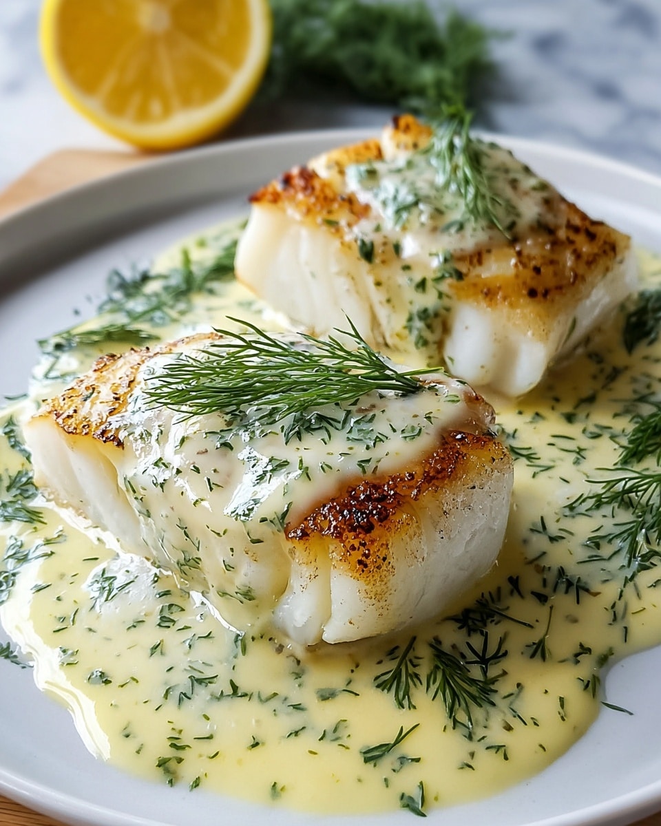 Two thick, grilled white fish fillets with a golden brown, slightly crisp top layer are sitting on a white plate. Each fillet is covered with a creamy, light yellow sauce flecked with green herbs, mostly dill. Fresh dill sprigs garnish the fillets and the sauce that pools around them. In the background, a halved lemon with a bright yellow peel and pale yellow interior sits on the white marbled surface, adding a fresh touch. The scene is close-up, showing juicy, tender textures and rich colors. photo taken with an iphone --ar 4:5 --v 7