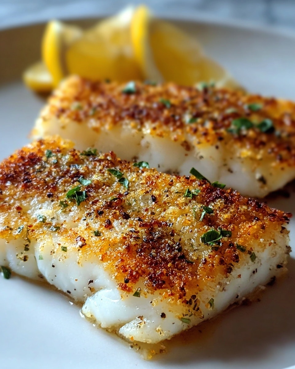 A close-up view of two pieces of cooked fish fillets stacked slightly on a white plate, showing a golden-brown crust with black pepper flakes and small green herb leaves sprinkled on top. The top fillet is tilted to reveal the inside texture, which is white and flaky with a moist appearance. The surface beneath the plate has a white marbled texture. photo taken with an iphone --ar 4:5 --v 7