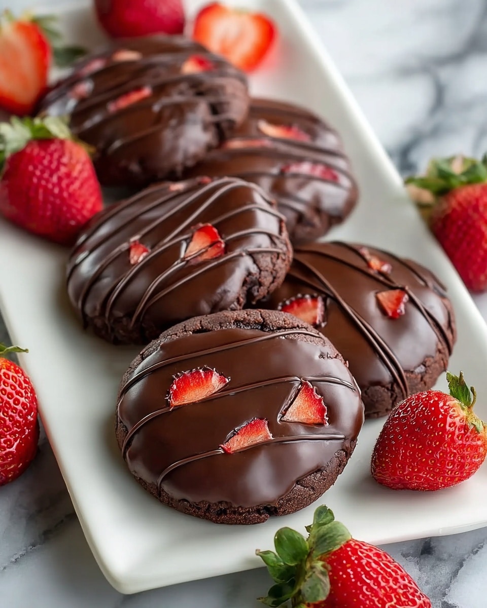 The image shows five round chocolate cookies arranged close together on a white plate with a slightly wavy edge, placed on a white marbled surface. Each cookie is thick and has a shiny, smooth layer of dark chocolate on top that covers most of the surface. Over this chocolate layer, there are thin, uneven drizzles of darker chocolate creating a striped pattern. Small pieces of red dried fruit or candy are scattered on the chocolate layer, adding color and texture. On four of the cookies, there is a fresh bright red strawberry with a green leafy top, some of which are also lightly drizzled with the darker chocolate. The overall look is rich and inviting with dark and red color contrasts. photo taken with an iphone --ar 4:5 --v 7