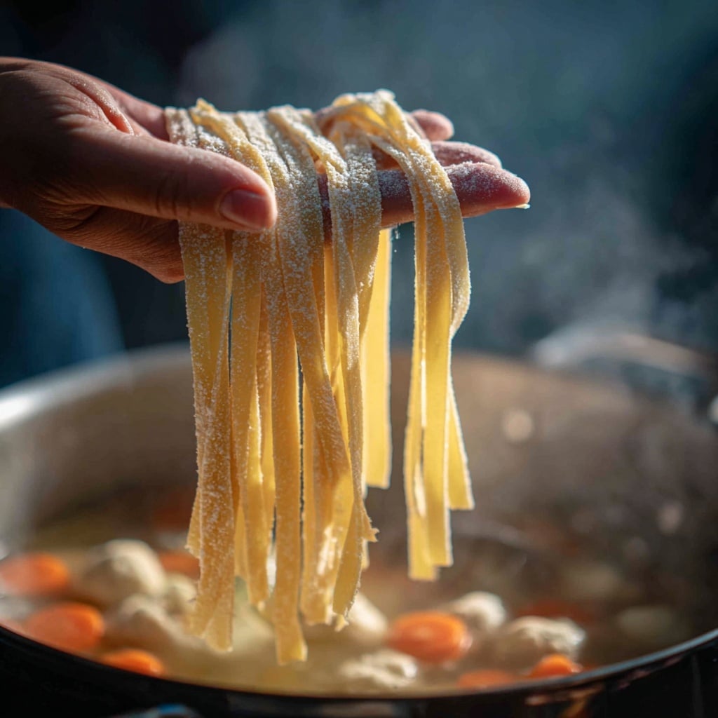 A close-up image shows a woman's hand holding several freshly cut egg noodles above a steaming pot of boiling soup. The noodles are light yellow with a dusting of white flour, cut into long, flat strips hanging loosely from the woman's palm. The background shows the steaming soup with visible orange carrot slices and small dough pieces floating. The whole scene has soft, warm lighting that highlights the texture of the noodles and the steam rising from the pot. photo taken with an iphone --ar 4:5 --v 7