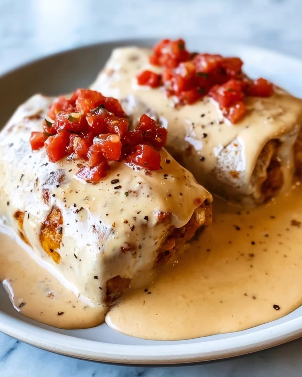 Two folded burritos covered in thick, creamy light brown sauce with dark specks, sitting on a white plate. The burritos have a grilled look with dark brown spots on their soft, pale outer layer. Each burrito is topped with small chunks of red salsa, placed near the center on top of the sauce. The sauce pools around the burritos on the plate, creating a smooth, glossy surface. The background is a white marbled texture. Photo taken with an iphone --ar 4:5 --v 7