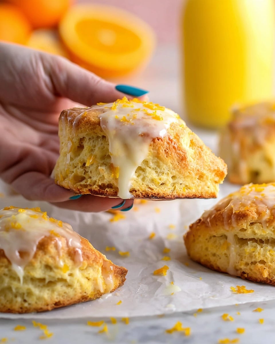A close-up of a golden-brown scone being held by a woman's hand with blue-painted nails, topped with a shiny, creamy white glaze that drips slightly down the sides, sprinkled with tiny bright orange zest pieces. Behind it, there are more scones on white parchment paper set on a white marbled surface, also glazed and sprinkled with orange zest. The background shows blurred orange fruit and a glass bottle of orange juice with yellow liquid. Photo taken with an iphone --ar 4:5 --v 7