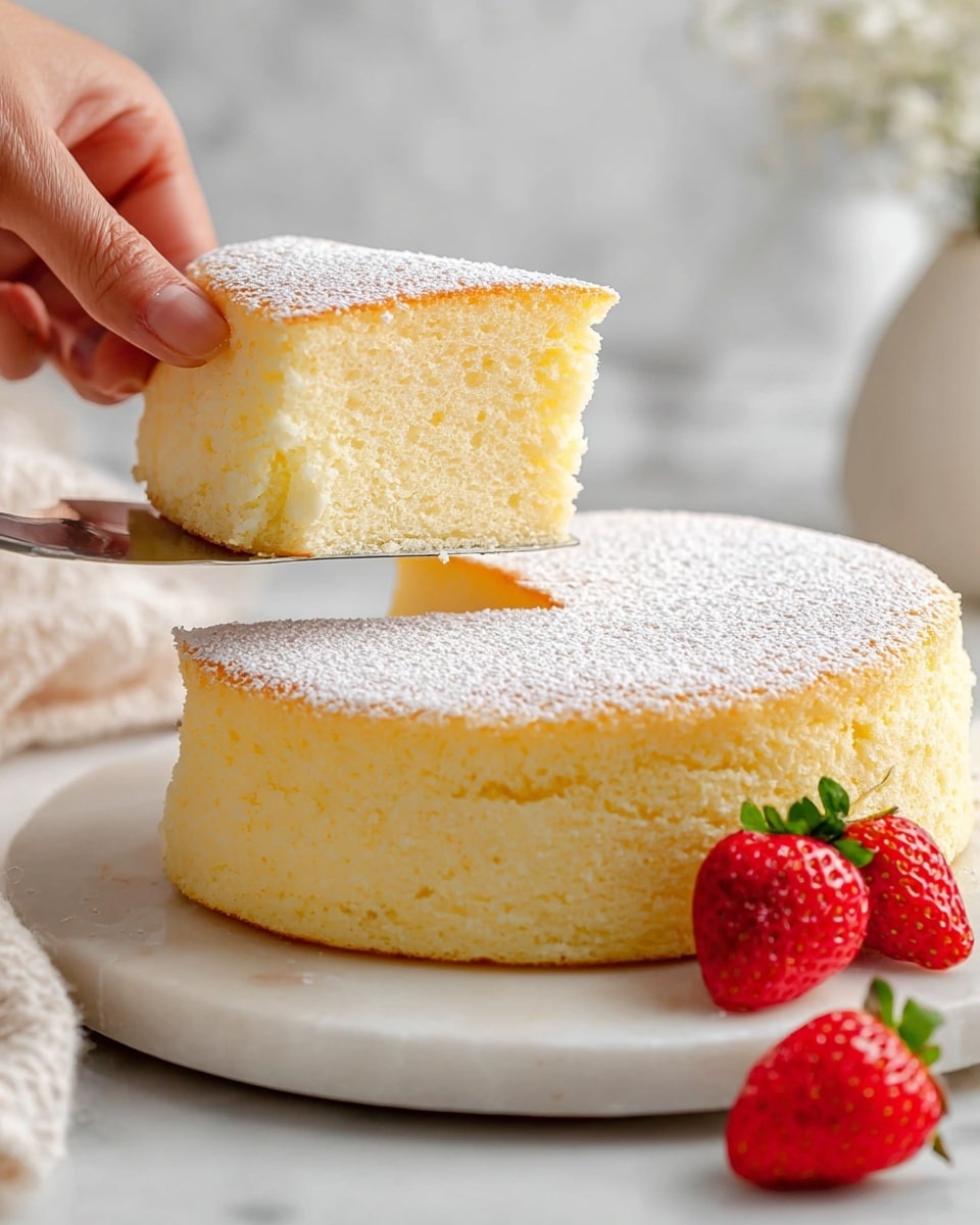 A soft, fluffy light yellow sponge cake with one visible layer is shown on a round white marble board, dusted lightly with white powdered sugar on top that gives a slightly rough texture. A woman's hand gently touches the cake's top as a cake server lifts a single slice, revealing the airy, moist interior with a fine sponge texture. Two bright red strawberries with green leaves rest on the white marble surface near the cake, adding contrast. The background and surface have a clean white marbled texture, with blurred elements suggesting a white vase and soft decor. photo taken with an iphone --ar 4:5 --v 7