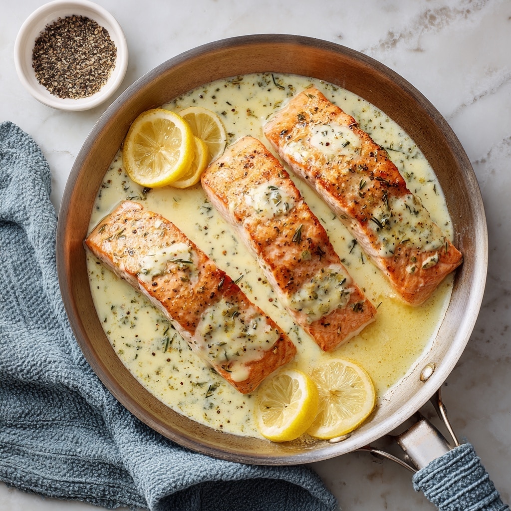 A silver frying pan filled with four cooked salmon fillets topped with a creamy, herb-speckled white sauce that covers most of the pink-orange fish. The pan contains visible melted butter pooling around the salmon, with three thin yellow lemon slices placed on and near the fish adding bright accents. The pan handle is wrapped in a textured blue-gray cloth, and a small white bowl filled with crushed black pepper sits nearby. The scene is set on a white marbled textured surface. photo taken with an iphone --ar 4:5 --v 7