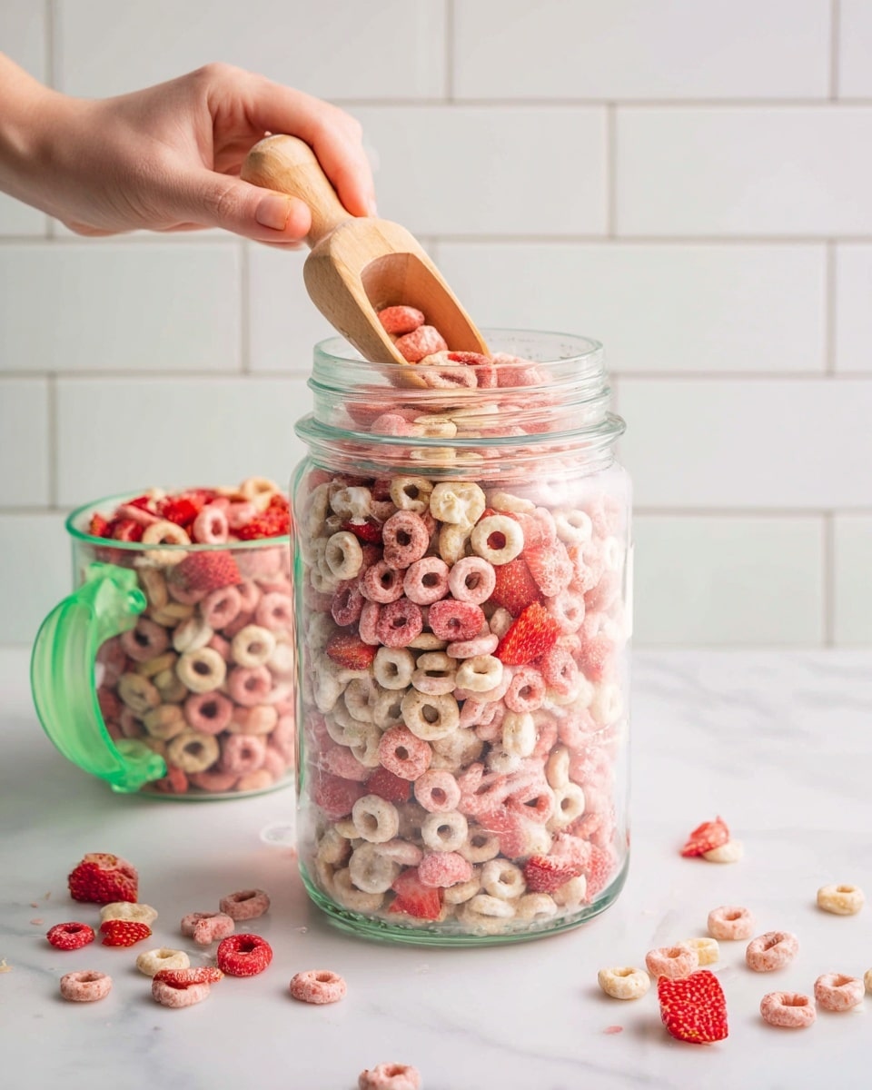 A clear glass jar is filled with several layers of light pink and white round cereal loops mixed with bright red, dried strawberry slices, giving a mix of soft, crunchy, and airy textures. A woman's hand holds a small wooden scoop, pressing it into the cereal near the top of the jar. Around the jar on a white marbled surface are scattered some cereal loops and dried strawberry pieces. Nearby, there is a clear cup with green handles, filled with a similar mix of the pink and white cereal loops and red strawberry slices. The background is made of white tiled walls. Photo taken with an iphone --ar 4:5 --v 7