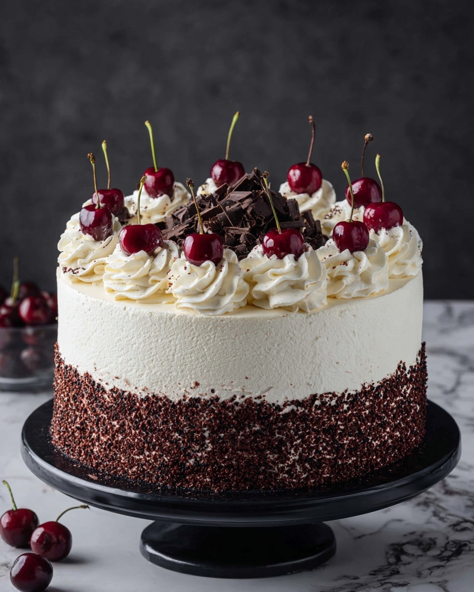 A slice of three-layer chocolate cake is shown with thick, dark brown sponge layers separated by creamy white frosting and glossy deep red cherry filling that oozes slightly. The top layer is covered with a smooth white frosting, decorated with a swirl of white whipped cream, a single shiny dark red cherry, and scattered dark chocolate curls adding texture. The cake slice is held up against a dark background with part of the cake still visible below, showing more chocolate curls and white frosting. photo taken with an iphone --ar 4:5 --v 7