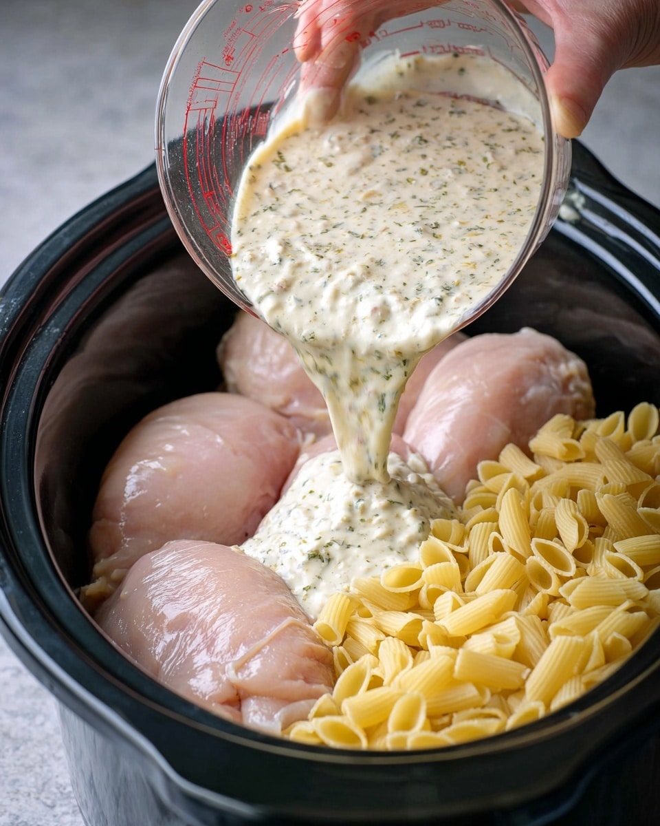 The image shows a close-up of large pasta shells covered in a creamy white sauce mixed with shredded chicken. The pasta shells are thick and yellowish with ridges, coated evenly with sauce that looks smooth and rich. Small bits of chopped green parsley and freshly ground black pepper are sprinkled across the shells and sauce for color contrast. The dish is inside a black slow cooker pot, but the background features a white marbled texture. photo taken with an iphone --ar 4:5 --v 7