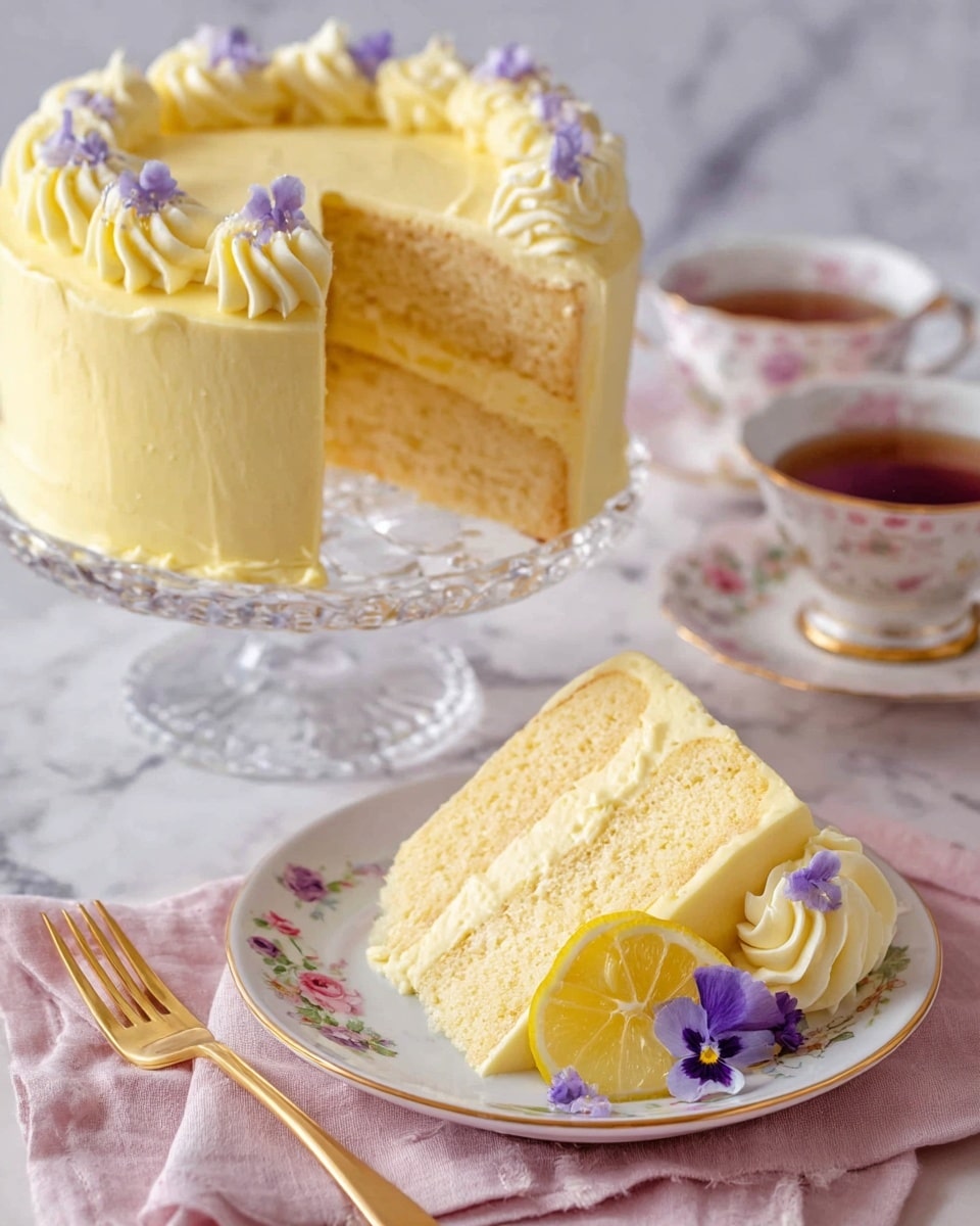 The image shows a two-layer yellow cake with smooth yellow frosting covering the entire cake, placed on a clear glass cake stand. Each layer has light yellow sponge cake with a creamy yellow filling in between. On top of the cake are swirls of white frosting evenly spaced around the edge, each decorated with a small purple edible flower. A slice of the cake is placed on a white plate with small floral designs and a gold rim, topped with a lemon slice, a swirl of white frosting, and a purple flower. The plate sits on a soft pink cloth on a white marbled surface, next to a gold fork and a teacup with dark tea and floral patterns on the saucer. photo taken with an iphone --ar 4:5 --v 7