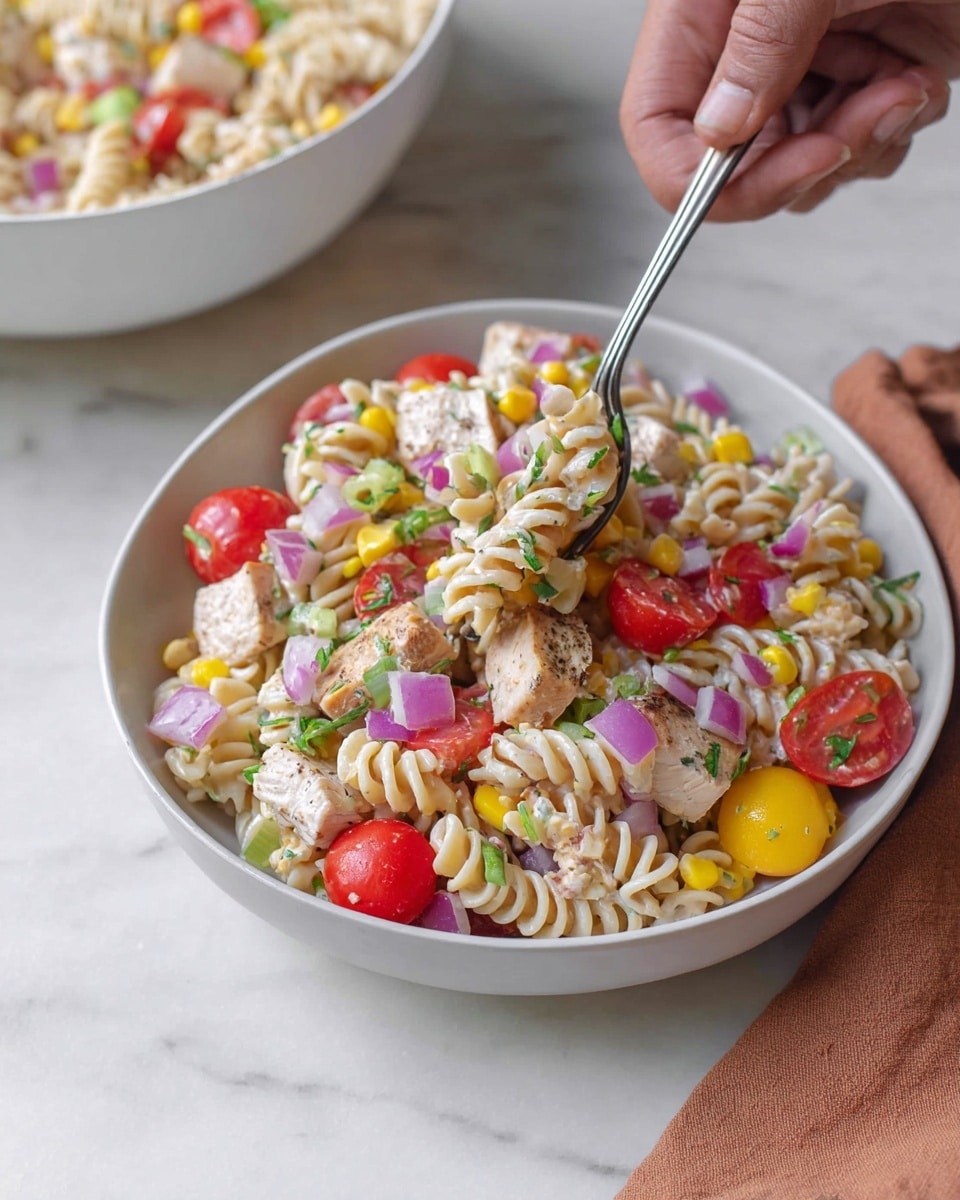 A white bowl filled with a colorful pasta salad featuring three layers: the bottom layer of creamy white rotini pasta, the middle layer of bright red halved cherry tomatoes, yellow corn kernels, and small pieces of light green celery, and the top layer of purple diced red onions mixed with chopped fresh green herbs sprinkled evenly; chunks of grilled chicken pieces with a light brown sear are scattered throughout. A silver fork held by a woman's hand lifts a mix of pasta, chicken, tomatoes, and vegetables from the bowl, all set on a white marbled surface with a large white bowl of extra pasta salad blurred in the background, and a soft brown cloth napkin at the side. photo taken with an iphone --ar 4:5 --v 7