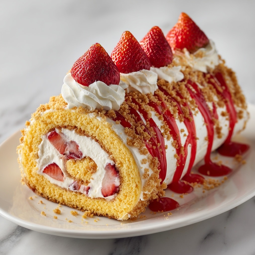 A roll cake is shown on a white rectangular plate with a white marbled texture background. The cake has five visible layers: a light yellow sponge cake rolled into a spiral, filled with white cream and fresh red strawberry slices inside. The outside is covered with a thin layer of white cream and bright red strawberry sauce that drips down the sides. The top is decorated with a line of whipped cream topped with halved fresh strawberries and sprinkled with light brown crumbly bits. More strawberry sauce pools around the base of the cake on the plate. Photo taken with an iphone --ar 4:5 --v 7