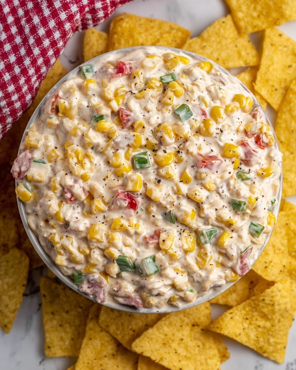 A creamy dip fills a white bowl, with visible layers of yellow corn kernels, small green pieces of herbs or peppers, and bits of red pepper mixed into the white creamy base. The dip is thick and textured, with a woman’s hand holding one light yellow tortilla chip dipped into it from the center top of the bowl. Around the bowl, several tortilla chips lie scattered on a white marbled surface, while a red and white checkered cloth is softly draped in the background. photo taken with an iphone --ar 4:5 --v 7