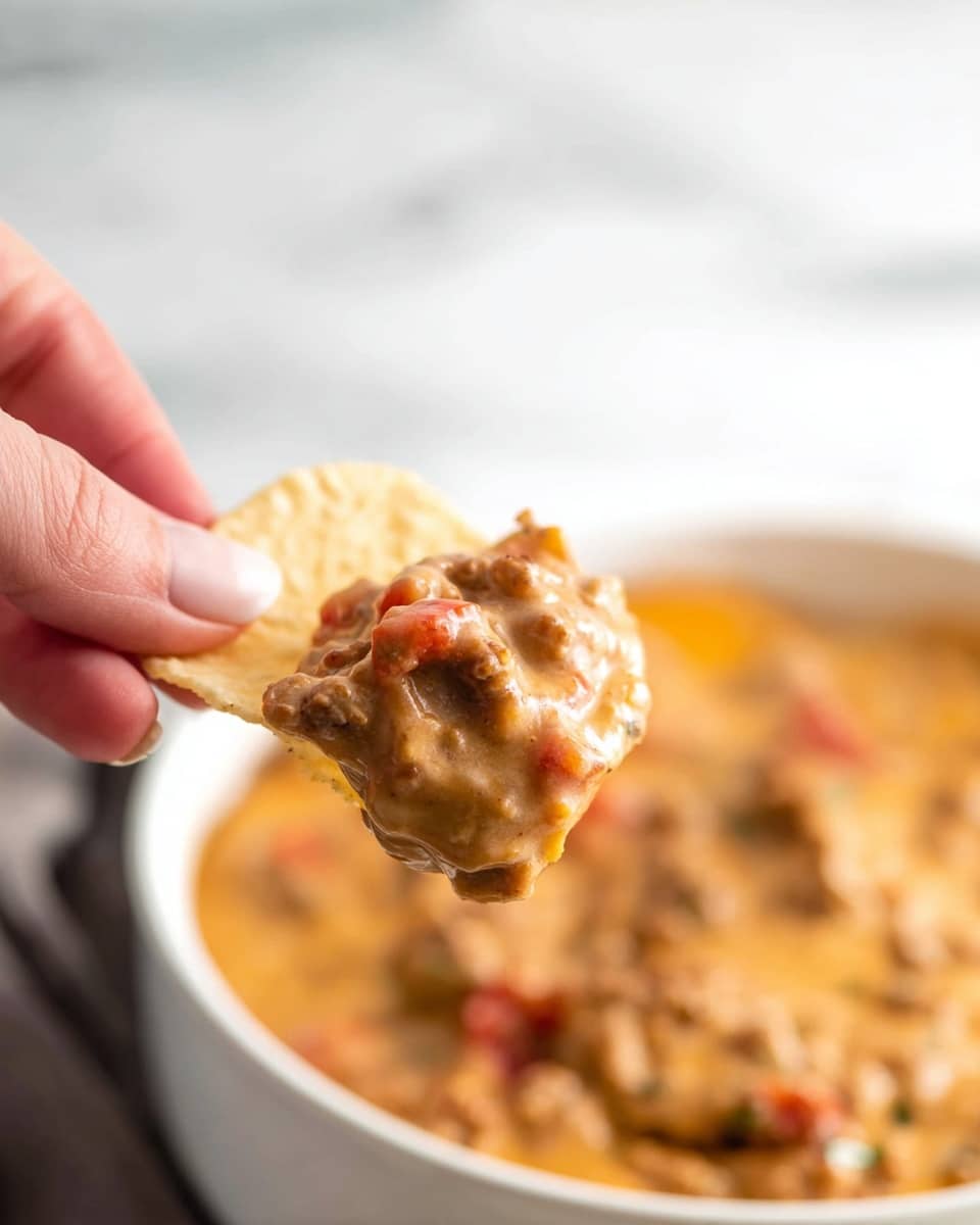 A white bowl filled with a creamy, thick dip that has visible chunks of browned ground meat and red tomato pieces mixed throughout a smooth, orange cheese sauce. One large, lightly salted plain chip is placed on the left side, slightly dipped into the cheesy meat mixture. The background shows the blurred control knob of a slow cooker, all set against a white marbled surface. photo taken with an iphone --ar 4:5 --v 7