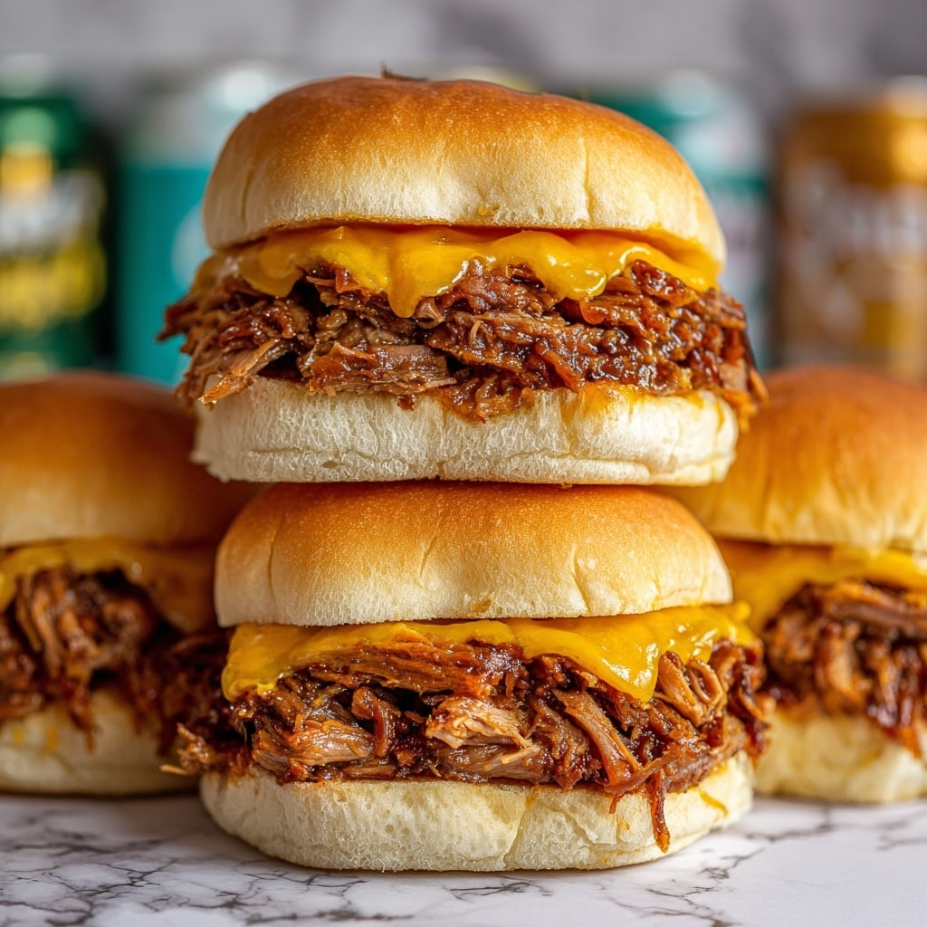 A white baking dish holds nine shiny golden brown slider buns arranged in a 3x3 grid. Each bun is topped with small bits of green herbs and a light sprinkle of salt, with a glossy finish showing a brushed layer of butter or oil. Below the buns, layers of shredded dark brown cooked beef and a slice of melted orange cheese peek out from the bottom, resting on a soft white bun base. The baking dish is set on a wooden cutting board, but the background is altered to a white marbled texture. photo taken with an iphone --ar 4:5 --v 7
