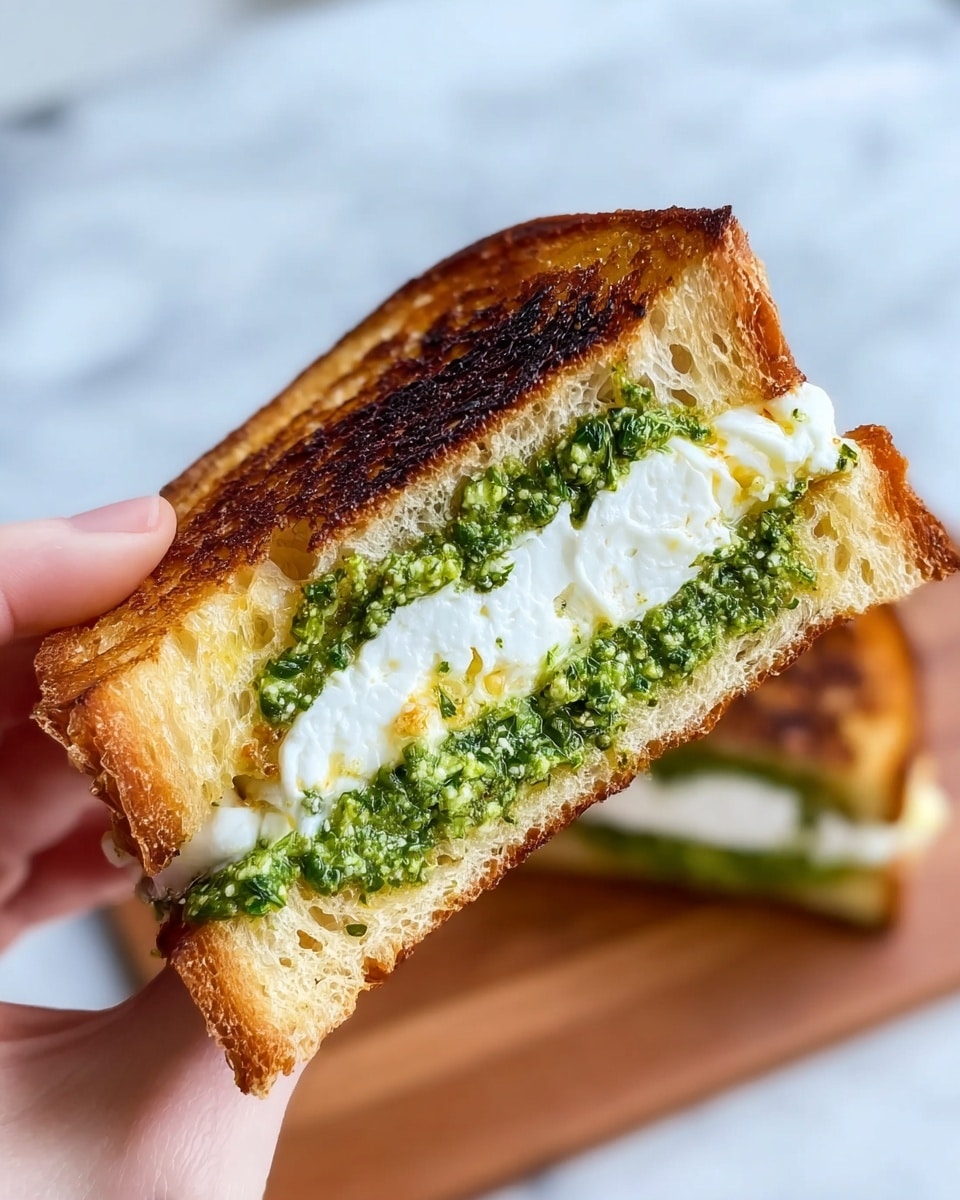 A close-up photo shows a toasted sandwich held by a woman's hand. The sandwich has two layers of golden brown crispy bread with a slightly charred crust. Inside, there are two visible layers: a thick white creamy layer on top and a bright green textured spread underneath, with small bits visible creating a rough texture. The background is a white marbled surface with a wooden cutting board. Another half of the sandwich is blurred in the background. Photo taken with an iphone --ar 4:5 --v 7