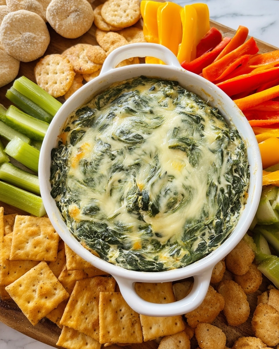 The image shows a white flower-shaped dish filled with three layers of spinach and cheese dip. The bottom layer is a thick, dark green spinach base. The middle layer is creamy and light yellow cheese mixed with spinach, slightly bubbly and melted. The top layer is a melted cheese layer with a light golden tone, covering the spinach underneath. The dish handle is visible on the right side. Surrounding the dish are pieces of light brown crackers with a toasted texture on the left, and fresh vegetable sticks including sliced cucumbers, orange, and yellow bell peppers on the right. Everything is placed on a white marbled surface. Photo taken with an iphone --ar 4:5 --v 7