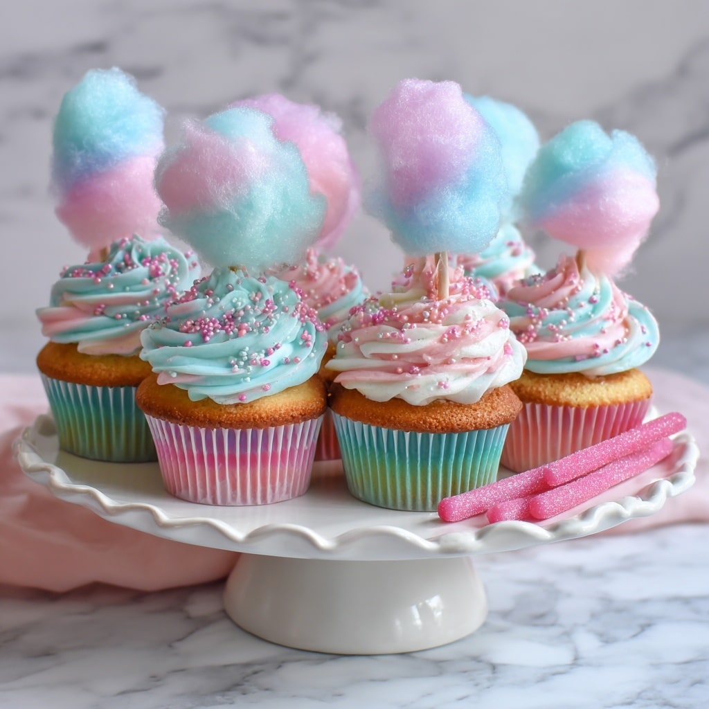 The image shows a close-up of a cupcake with a pink base and a swirl of light blue and pink frosting on top. The frosting is smooth and fluffy, decorated with small, colorful sugar sprinkles in pink and light blue that add texture and sparkle. Stuck in the center is a stick holding a small tuft of cotton candy in pastel pink and blue colors, giving the cupcake a fun and playful look. Behind the main cupcake, there are more cupcakes with similar frosting and cotton candy decorations, all set against a white marbled surface. photo taken with an iphone --ar 4:5 --v 7