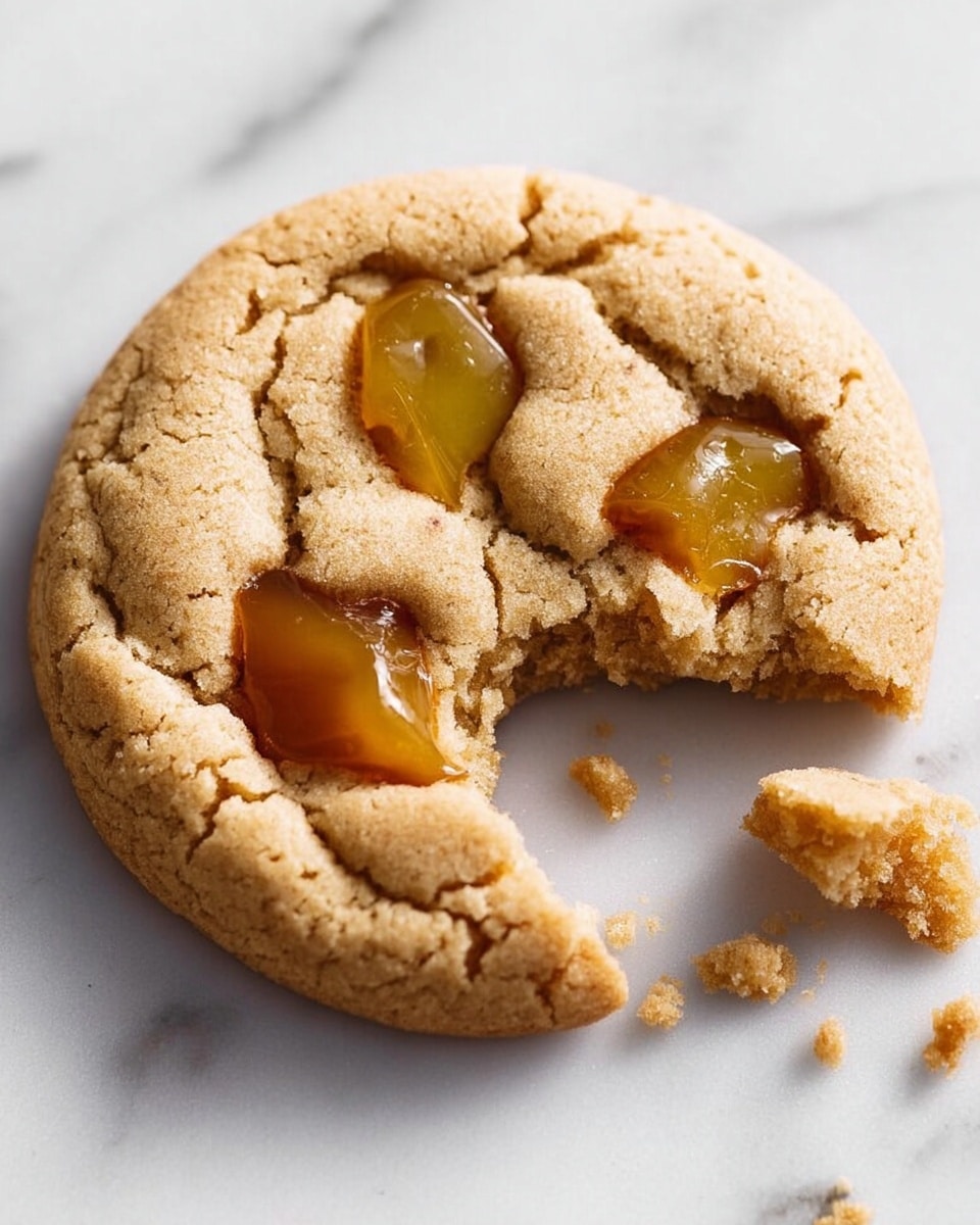 The image shows a close-up of a single cookie on a white marbled surface. The cookie has a light golden-brown color with a cracked, slightly rough texture on the surface. It contains three visible chunks of caramel or butterscotch embedded in the dough, each chunk being shiny and amber-colored. A piece of the cookie is broken off and placed near it, revealing a soft, crumbly inside texture that matches the cookie’s outer color. The photo has natural lighting that highlights the cookie’s softness and the sticky texture of the caramel chunks. photo taken with an iphone --ar 4:5 --v 7