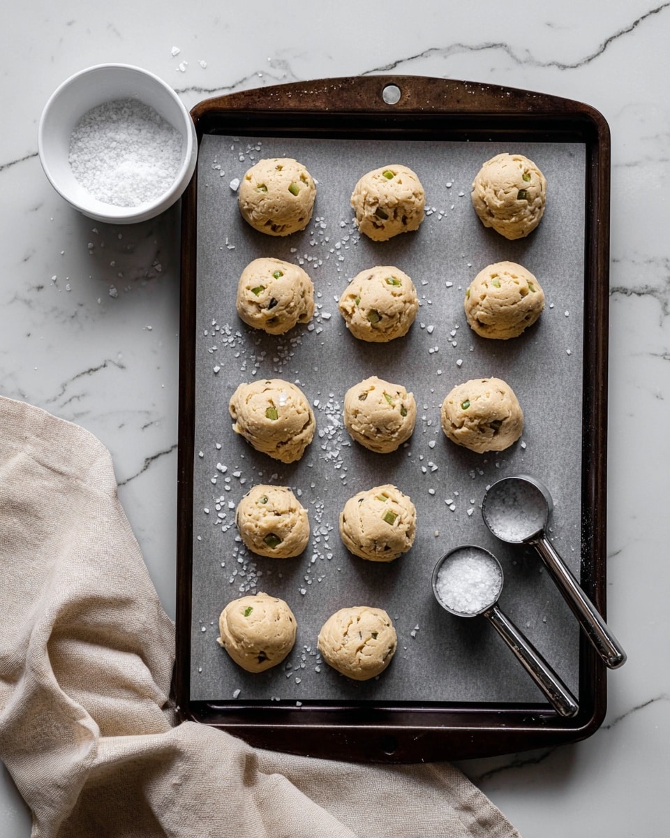 A dark baking tray lined with gray parchment paper holds fifteen evenly spaced dough balls, each about the size of a golf ball, pale beige in color with small green pieces mixed in. The dough balls have a rough texture, indicating they are unbaked. Coarse white salt crystals are sprinkled around some of the dough balls on the parchment. A pair of silver measuring spoons, one filled with coarse salt, lies on the right side of the tray. In the top left corner, a small white bowl filled with coarse salt sits on a white marbled surface. A beige cloth napkin is partially visible under the bottom left corner of the tray. photo taken with an iphone --ar 4:5 --v 7
